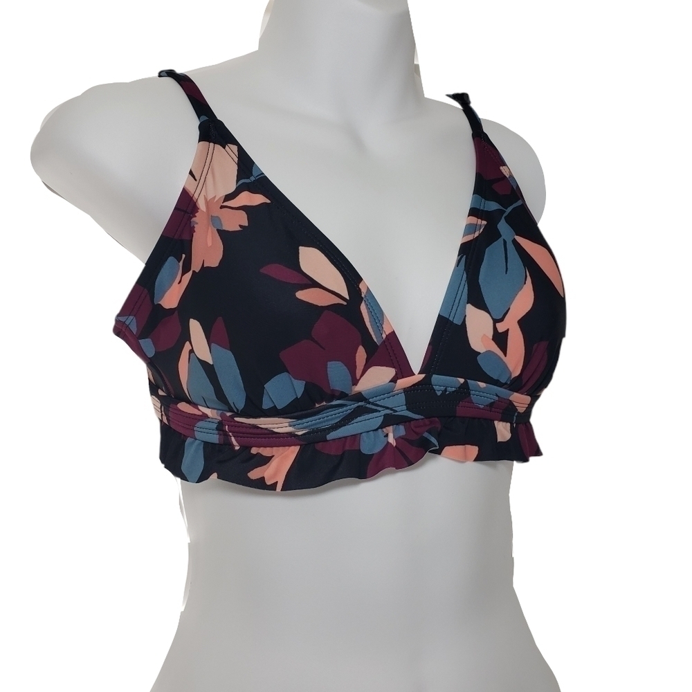Kona Sol Black Floral Ruffle Adjustable Bikini Top